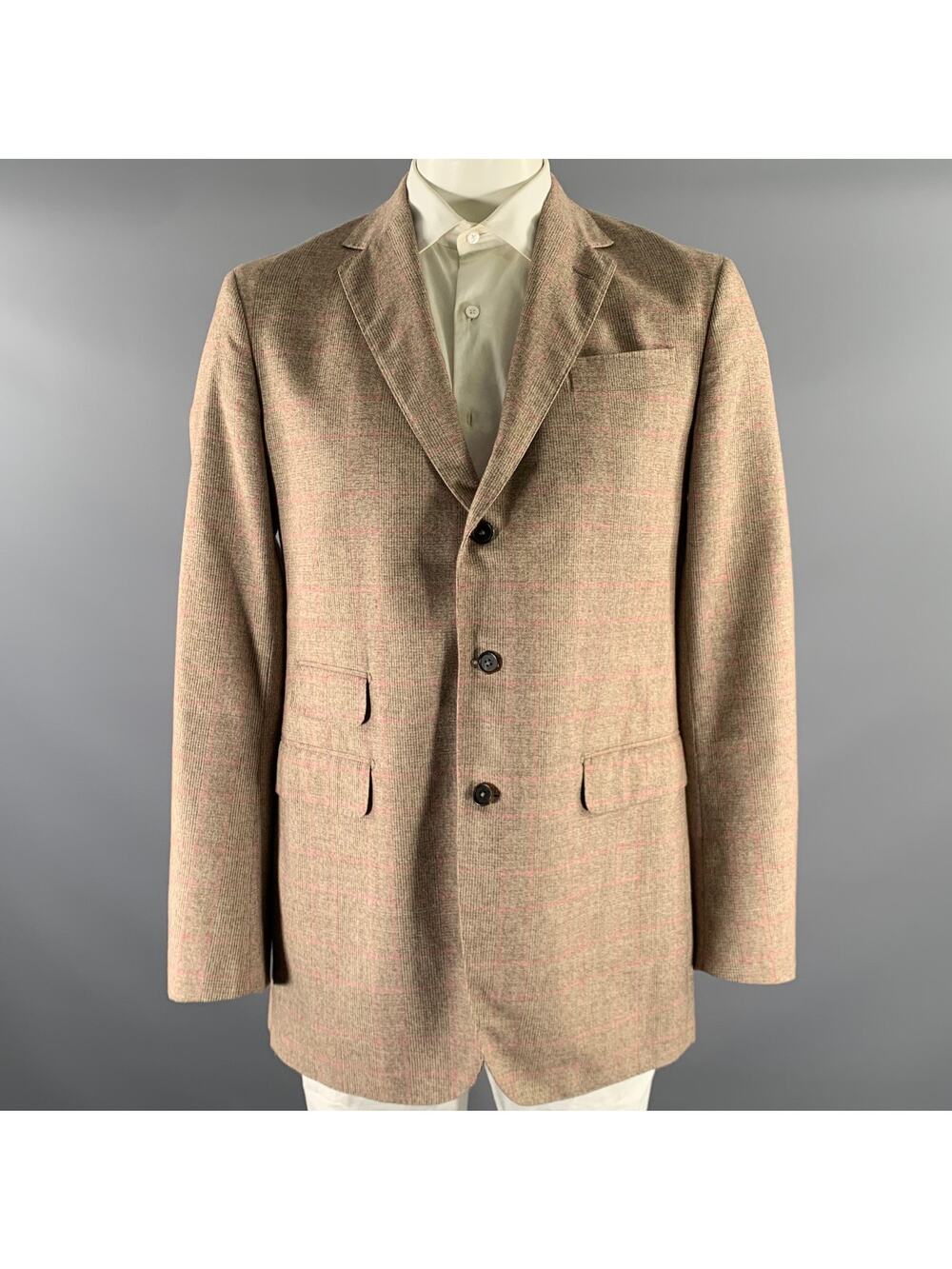 SID MASHBURN Size 44 Brown Pink Window Pane Wool Cotton Sport Coat